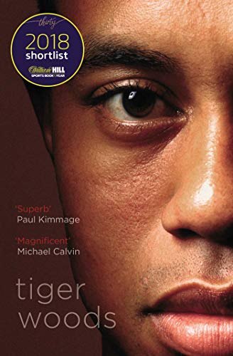 Book cover featuring a close-up portrait of Tiger Woods, with award shortlist badge.