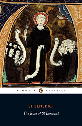 Book cover depicting medieval illuminated manuscript of Saint Benedict with followers.