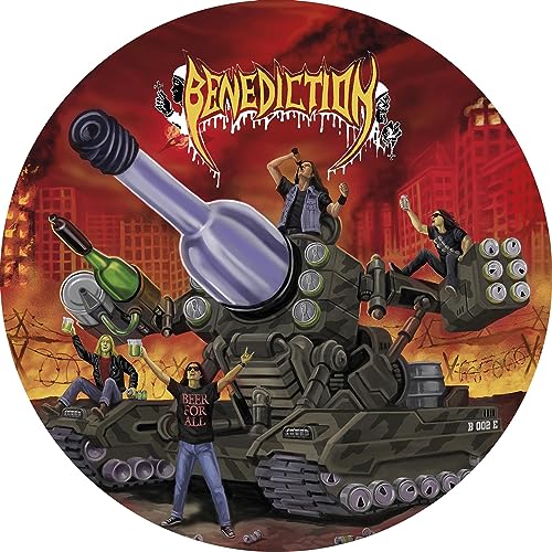 Benediction" vinyl record cover: band members with a tank in a war scene.