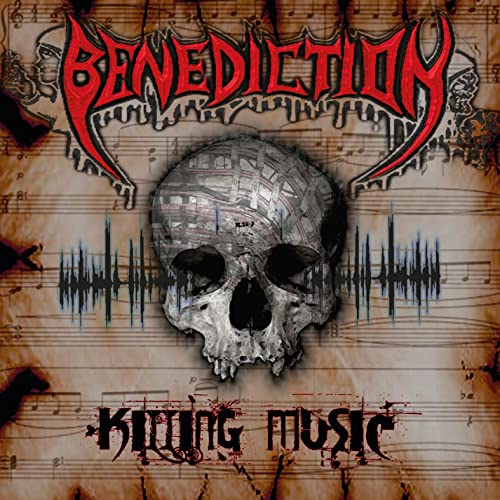 Album cover for Benediction’s “Killing Music” featuring a skull and sound waves.