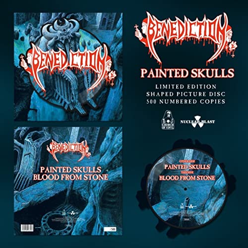“Benediction - Painted Skulls” vinyl record with skull and graveyard imagery.
