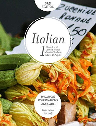 "Book cover with 'Italian 1' title, surrounded by zucchini flowers and a price tag."