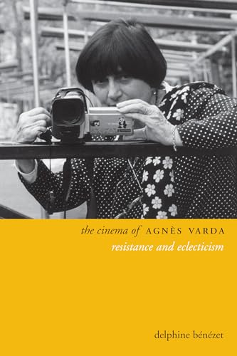 Agnes Varda filming with a vintage camera, book cover with yellow text.