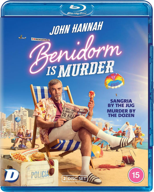 Blu-ray cover for "Benidorm is Murder" featuring John Hannah on a beach.