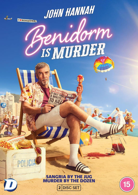 DVD cover for "Benidorm is Murder" featuring John Hannah on a beach.