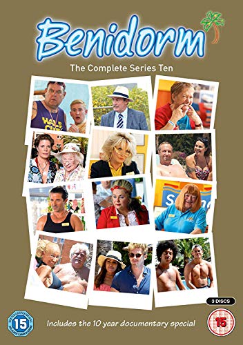 DVD cover for Benidorm Series 10 featuring a collage of cast photos on brown.
