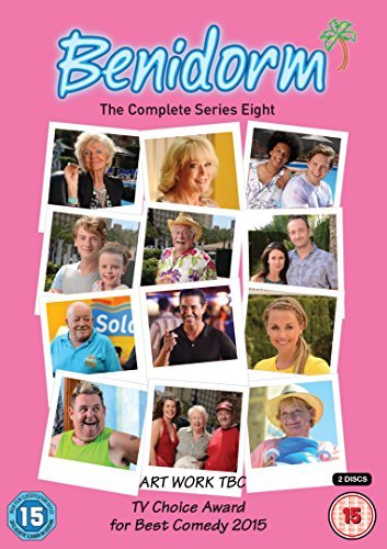 "Pink DVD cover with 'Benidorm' title and 12 character photos in Polaroid style."