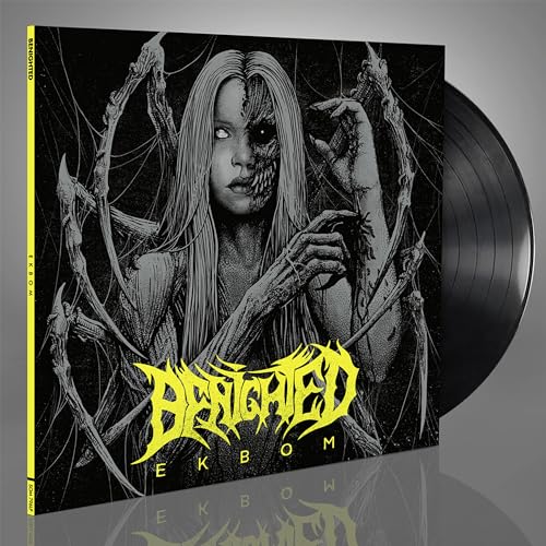 Black vinyl record with cover art of a distorted face framed by branches.