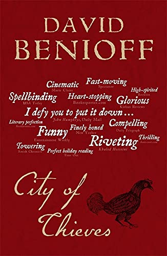 Red book cover with white title, “City of Thieves,” and a chicken illustration.