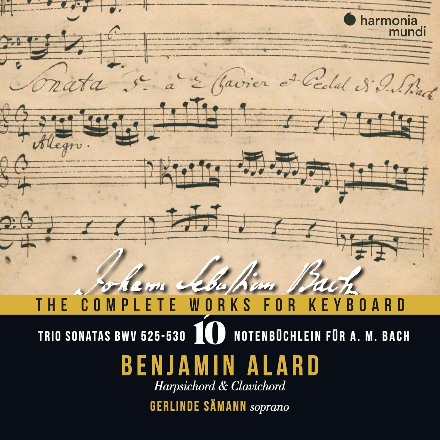 CD cover for J.S. Bach’s complete keyboard works, featuring musical notation.