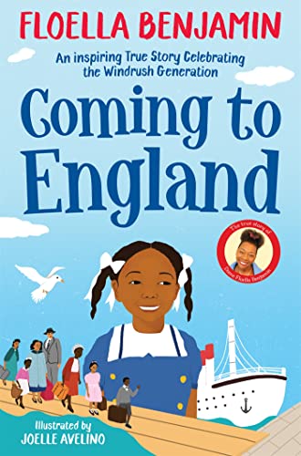 Book cover: young Black girl, ship, and people arriving in England.