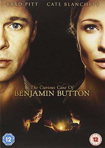 DVD cover for "The Curious Case of Benjamin Button" featuring Brad Pitt and Cate Blanchett.