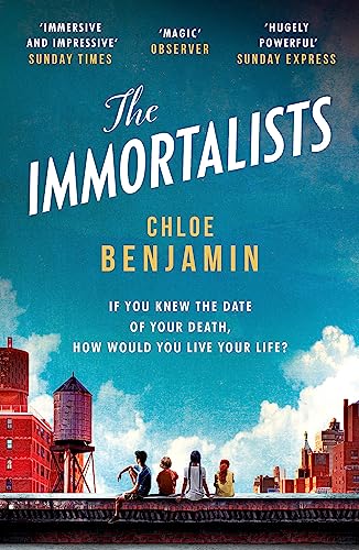 Book cover for "The Immortalists" with a city skyline and figures.