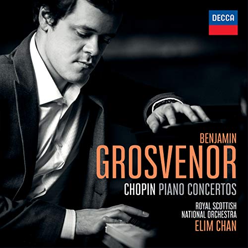 Pianist Benjamin Grosvenor playing the piano on this Chopin Piano Concertos album cover.