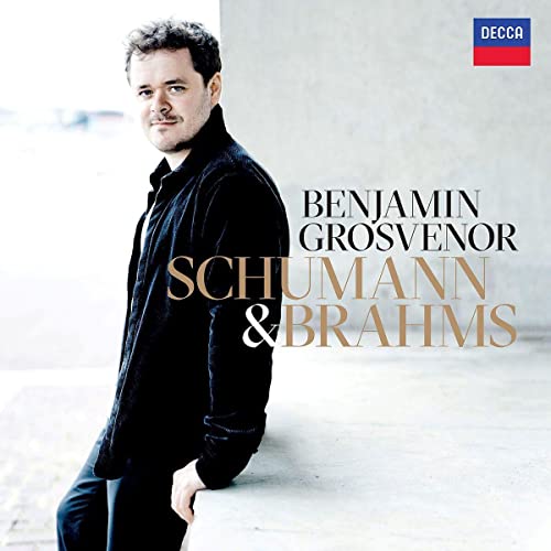 CD cover featuring pianist Benjamin Grosvenor, with text "Schumann & Brahms".