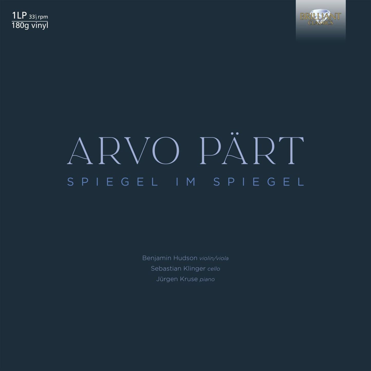 Vinyl cover for Arvo Pärt's Spiegel im Spiegel featuring text on a dark blue background.
