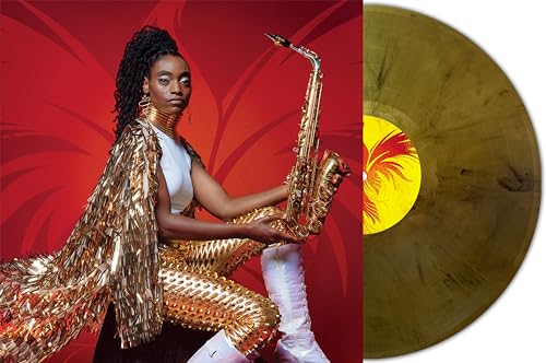 Saxophonist Lakecia Benjamin with gold and red patterned album artwork and vinyl.
