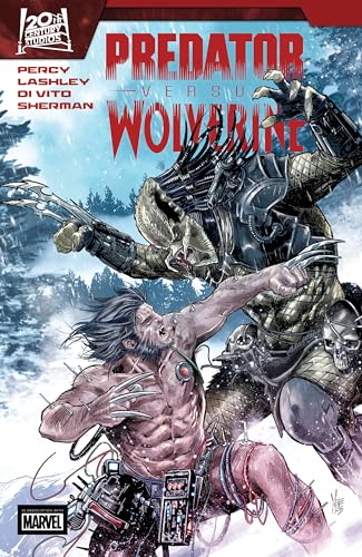 Comic book cover art depicting a battle between Wolverine and the Predator in snow.