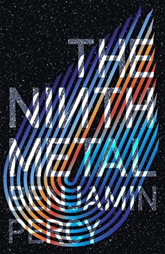 Book cover for "The Ninth Metal" with abstract blue, white, and orange lines.