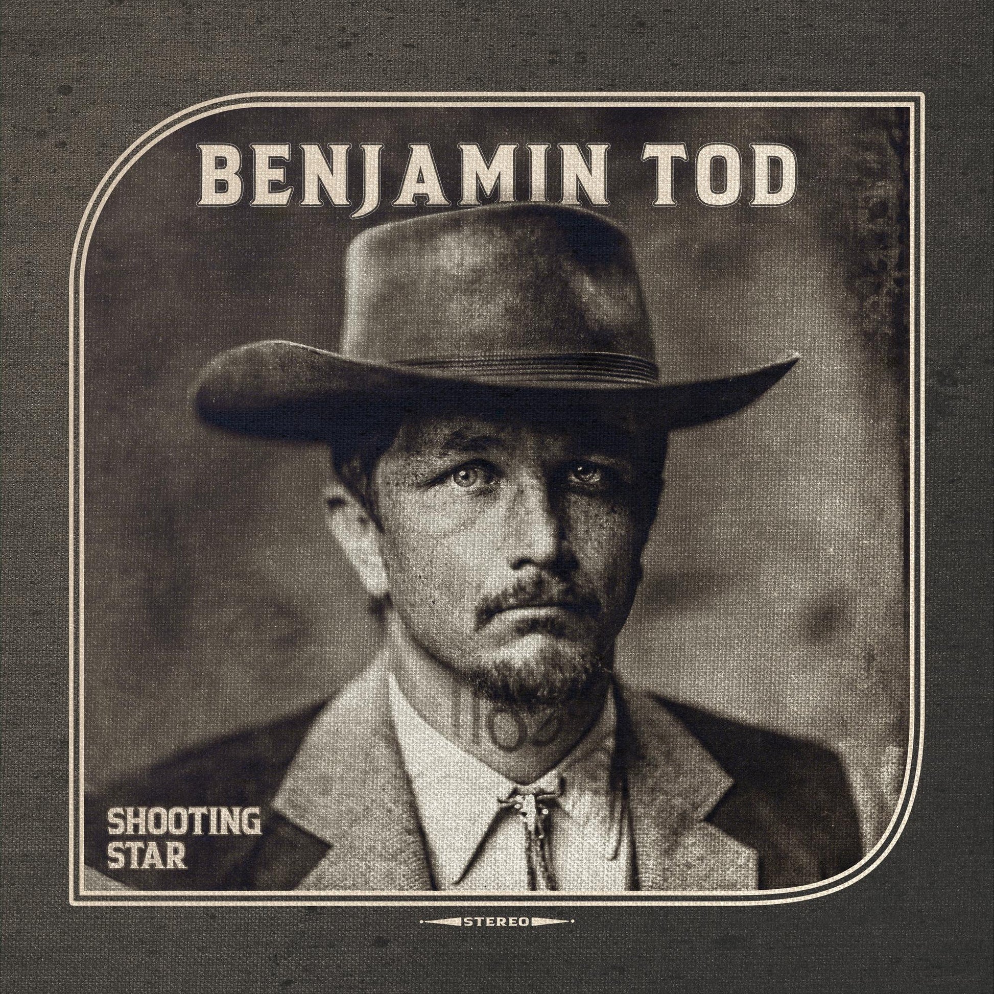 Portrait of Benjamin Tod in a hat, album cover for "Shooting Star.