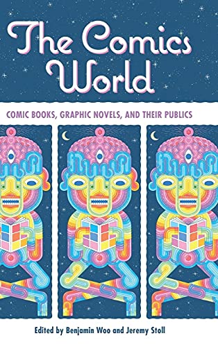 Book cover: "The Comics World" with colorful, patterned figures reading.