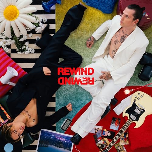 Album cover for Benji & Fede’s “Rewind” featuring two people and instruments.