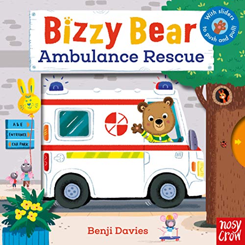 Bizzy Bear book cover featuring a red and white ambulance with a bear driver.