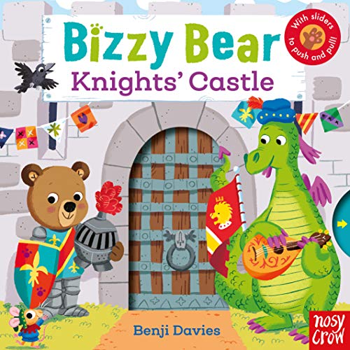 Bizzy Bear and a dragon stand before a stone castle entrance.