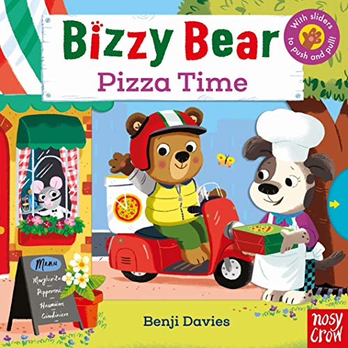 Bear wearing a chef’s hat rides a scooter delivering pizza.