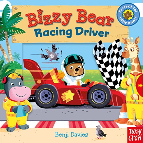 Bizzy Bear in a red race car with a hippo and giraffe on a track.
