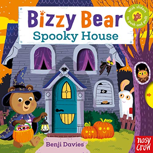 Bizzy Bear book cover with a spooky house, bear, and Halloween decorations.