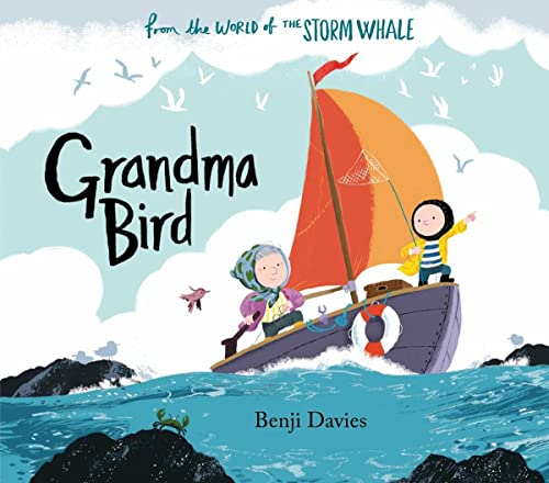 Child and grandmother sail a small boat on a blue, wavy sea.