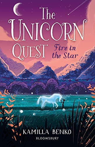 Book cover: unicorn and child silhouetted against a purple mountain landscape.