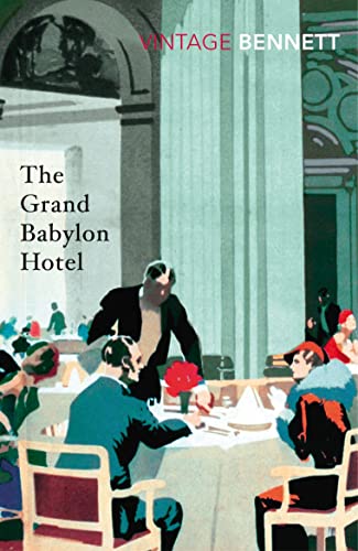 Red book cover with art depicting a hotel dining room scene.