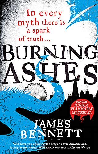 Book cover: "Burning Ashes" with a blue dragon and city skyline.