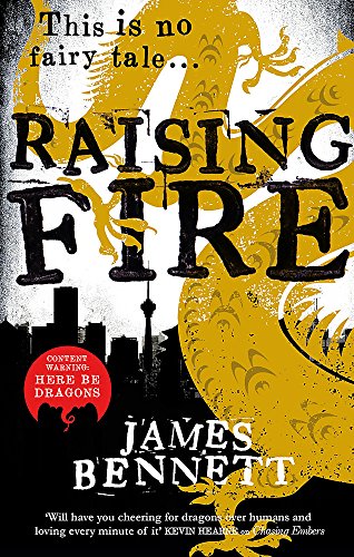 Book cover: “Raising Fire” with fiery dragon and city silhouette.