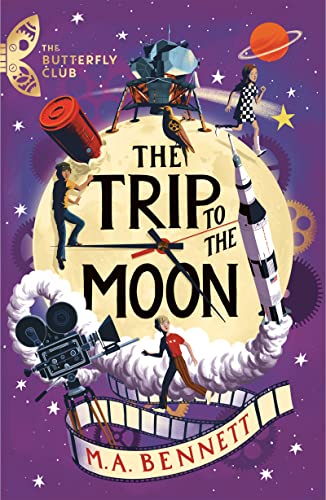 Book cover featuring a moon clock, space travel elements, and characters against purple space.