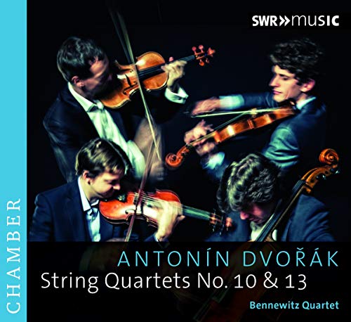 Four musicians playing string instruments, CD cover for Dvorak quartets.