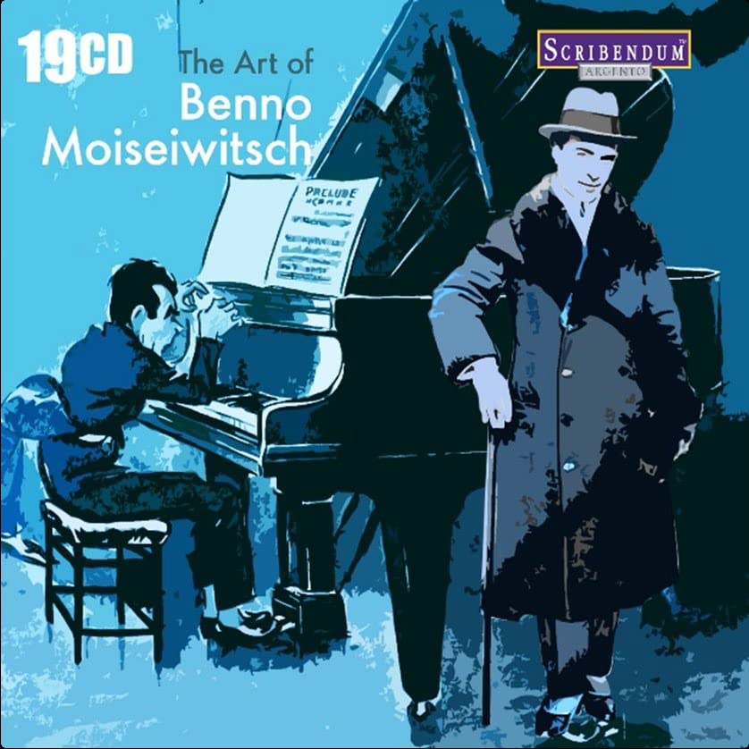 CD cover for Benno Moiseiwitsch, featuring a blue-toned illustration of a pianist.