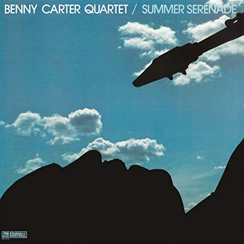 "Album cover with saxophone silhouette against blue sky and clouds, titled 'Benny Carter Quartet - Summer Serenade'."