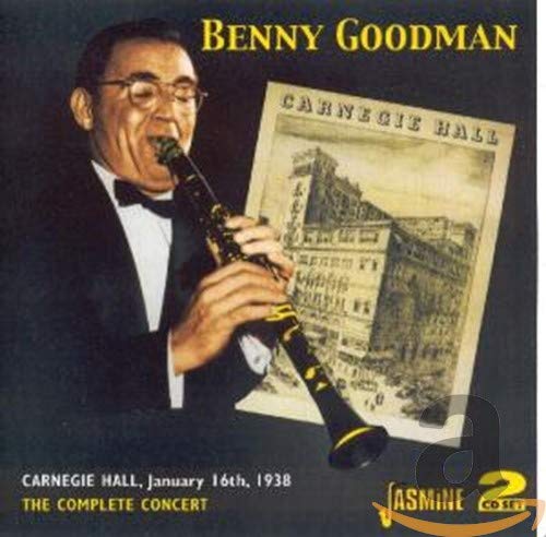 Benny Goodman playing clarinet, with a drawing of Carnegie Hall behind him.
