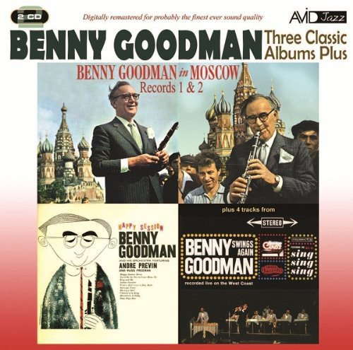 CD cover showing Benny Goodman with a clarinet, Moscow landmarks, and album art collages.