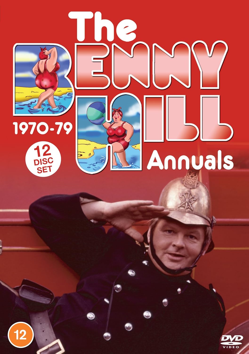 DVD cover for "Benny Hill Annuals 1970-79" featuring comedic imagery.