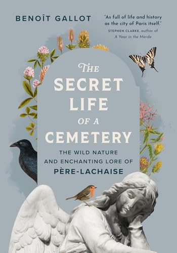 Book cover: cemetery imagery with flowers, birds, and a sculpted head.