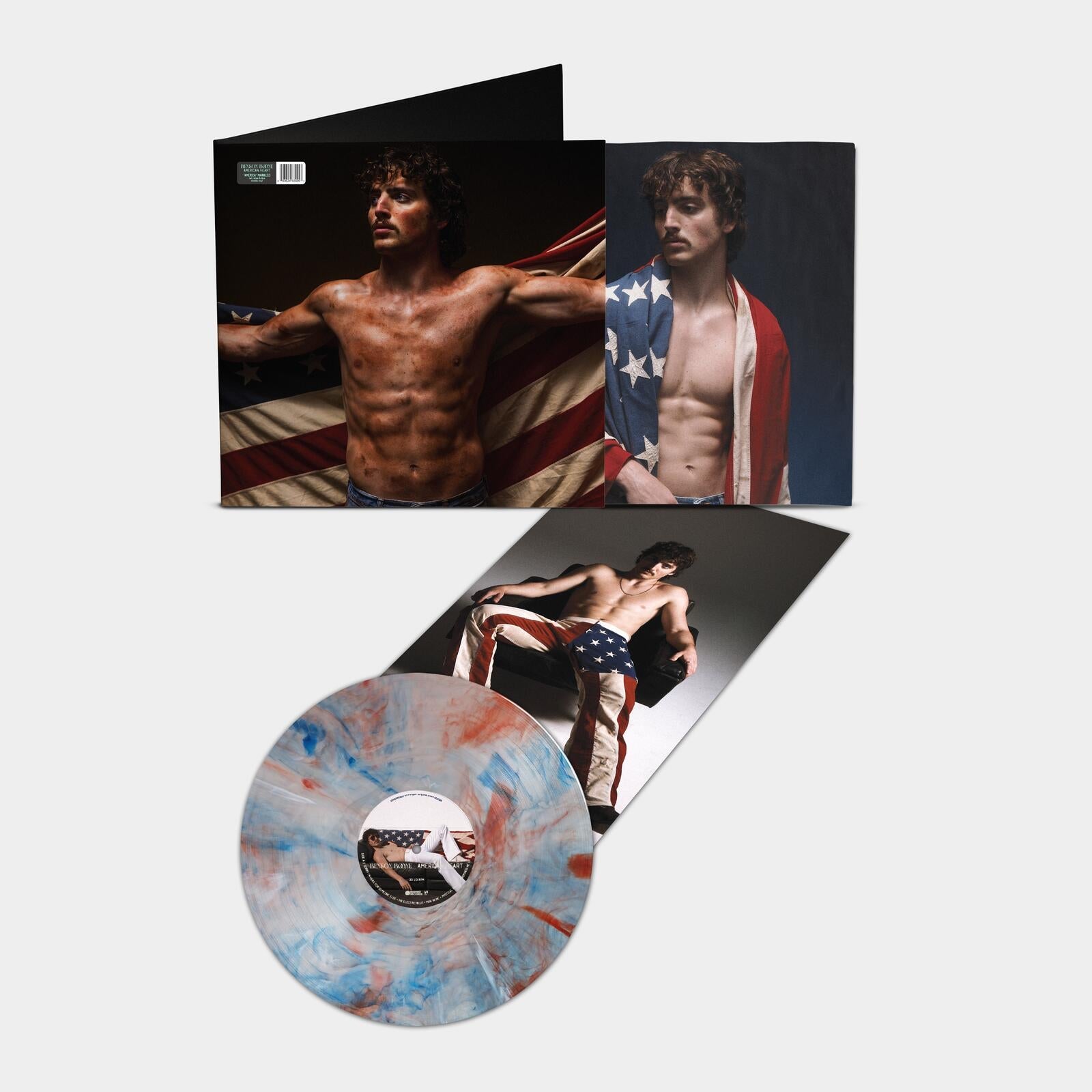 Benson Boone American Heart vinyl record with marble-patterned disc and gatefold cover art.