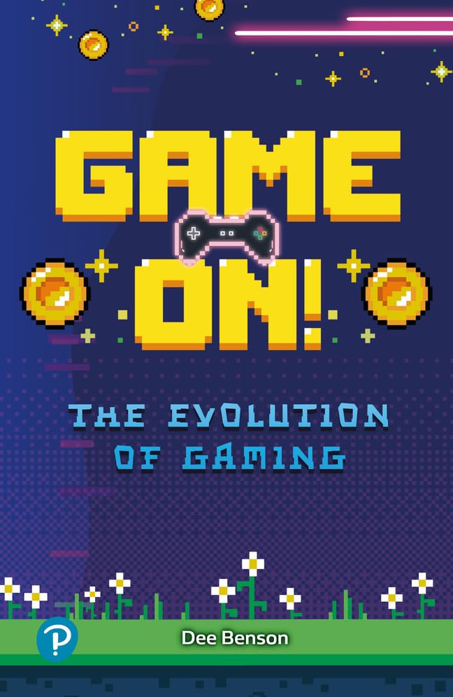 Book cover with pixelated “GAME ON!” text, a controller, and stars.