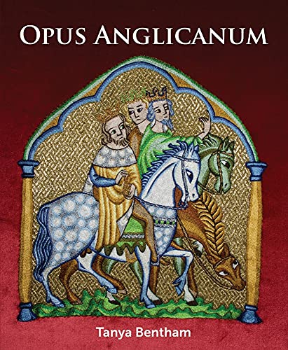 Book cover featuring medieval-style embroidery of figures on horseback against a dark red background.