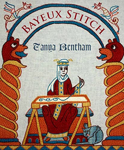 Book cover showing medieval-style embroidery of a woman stitching, framed by mythical creatures.