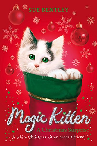 White kitten peeks from a green Christmas stocking, red ornaments surround.