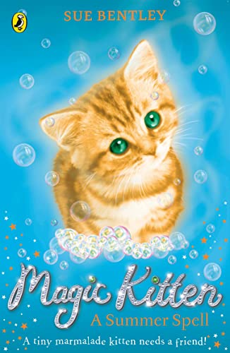 Orange tabby kitten with green eyes surrounded by bubbles, book cover.
